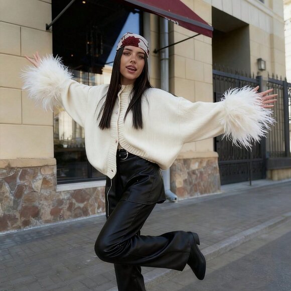 Cream Festive Casual Women's furry sleeve ends button down Cardigan - Picture 5 of 9